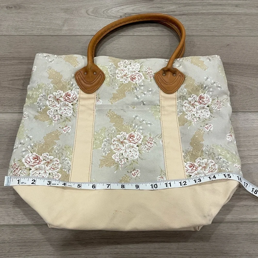 L.L. Bean Cream Floral Tote Bag Brown Handles